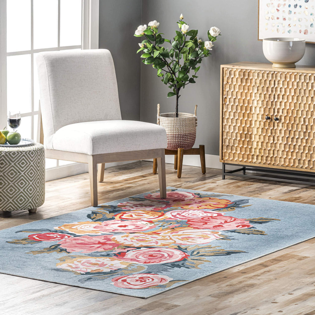 Multi Colored Floral Printed Rug Cotton Modern Indoor Rug Non-Slip Backing  Easy Care Washable Area Carpet for Bedroom - Clearhalo