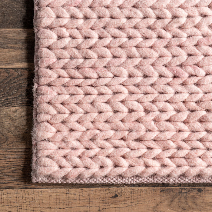 Hand Crafted Childrens Room Cable Knit Hand Woven Braided Wool Rug- Pink by  Hammers And Heels