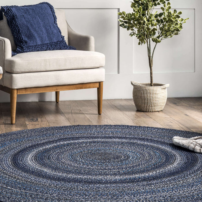 Rug Oval Braided Natural 100% Cotton Blue Floor Decor Mat 1.8x2.6 Feet Area  Rug